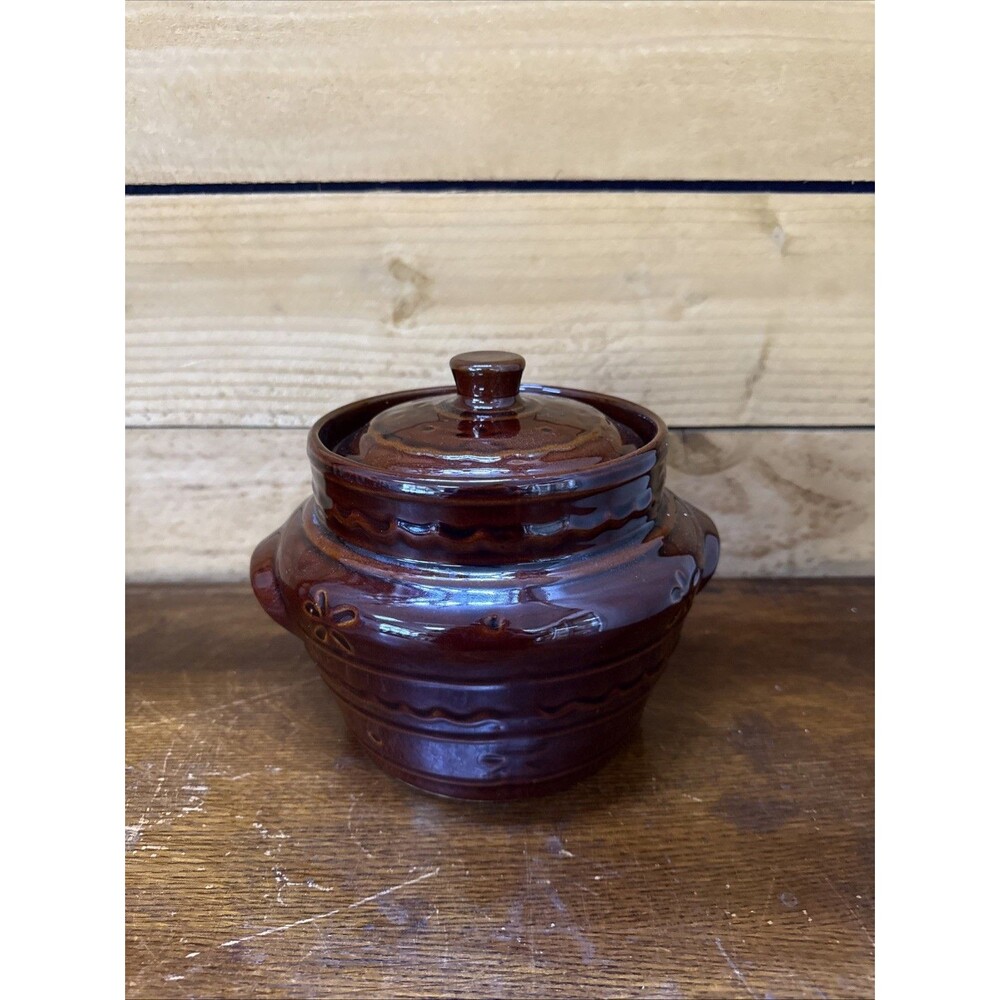 Marcrest Stoneware Bean Pot Crock Lid DAISY DOT Ovenproof Brown Vintage Antique